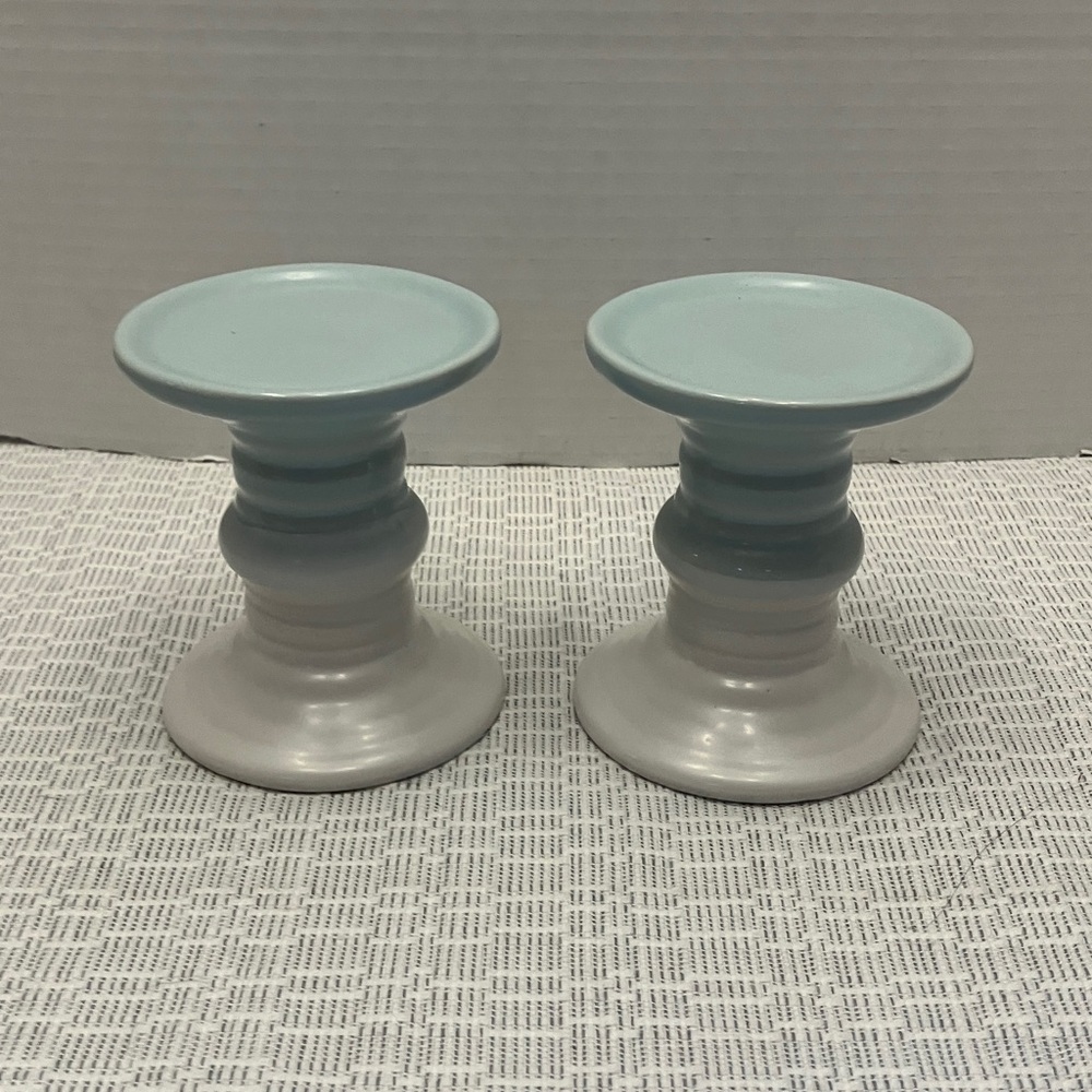 Ceramic Two-Tone Blue and Gray Pillar Candle Holders - Set of 2
